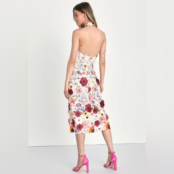 Lulu's Unique Impression Ivory 3D Floral Embroidered Halter Midi Dress - Picture 3 of 11